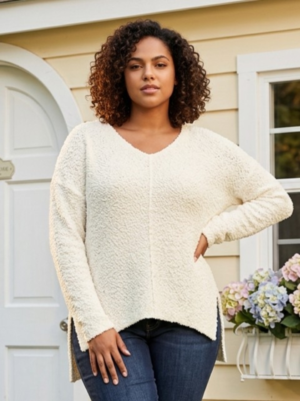Knox Rose Cream Pullover Sweater Soft, Nubbly Knit, Long Drop-Shoulder Sleeve XL